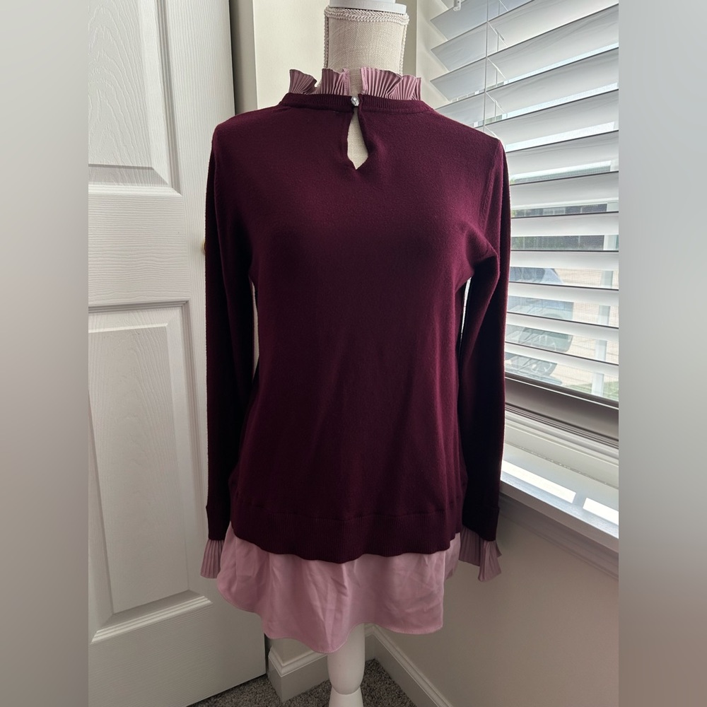 Vila Milano Maroon Nylon Wool Jeweled Pleated  Collared Long Sleeve Sweater